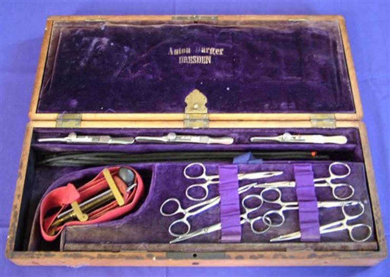 This image made available by Villa Hall Auctions UK shows a surgical kit said to have belonged to Anton Burger, an SS commander of the Theresienstadt camp.